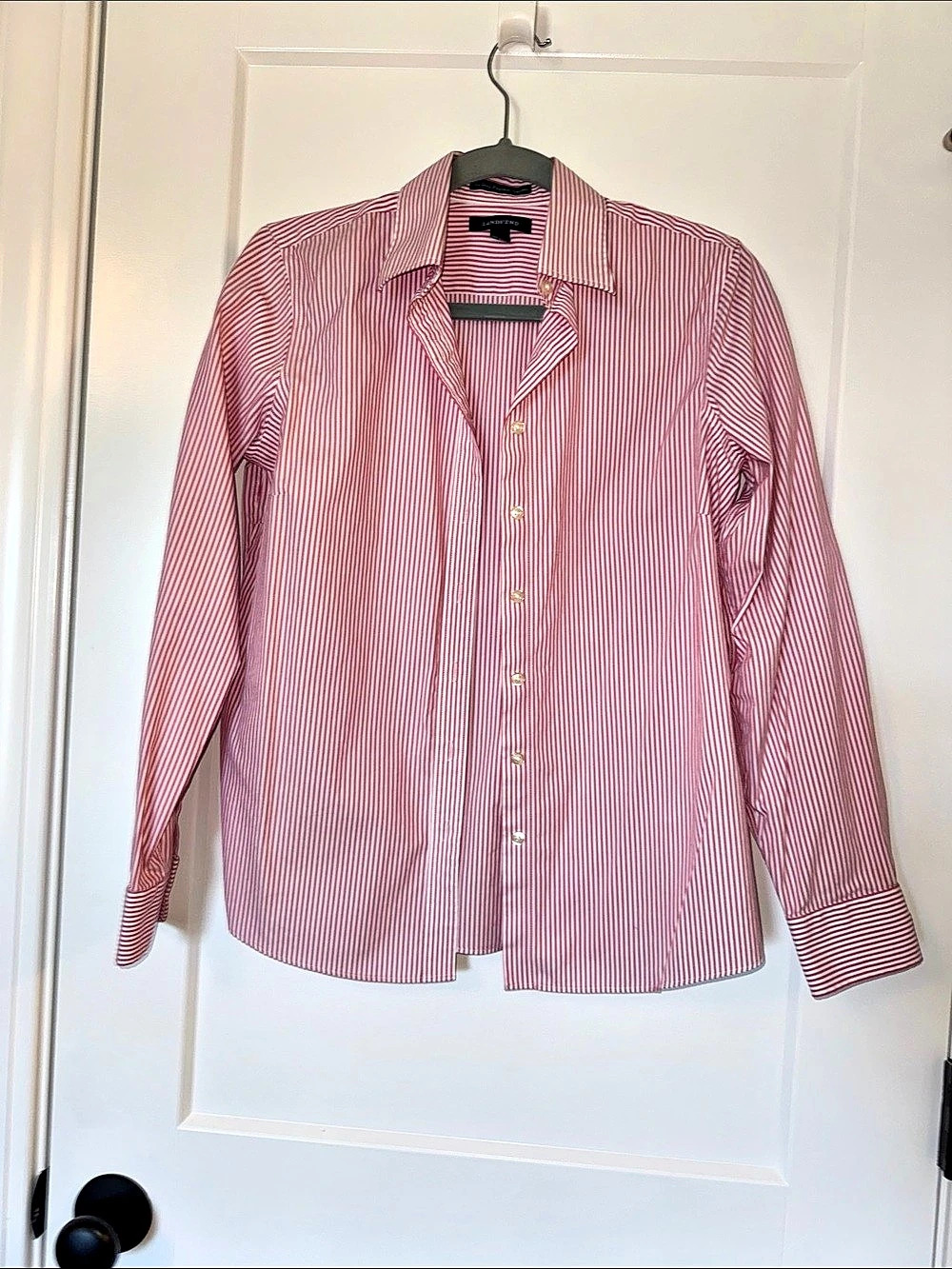 Lands' End No Iron Pinpoint Oxford Striped Button Down in Red & White Size 6